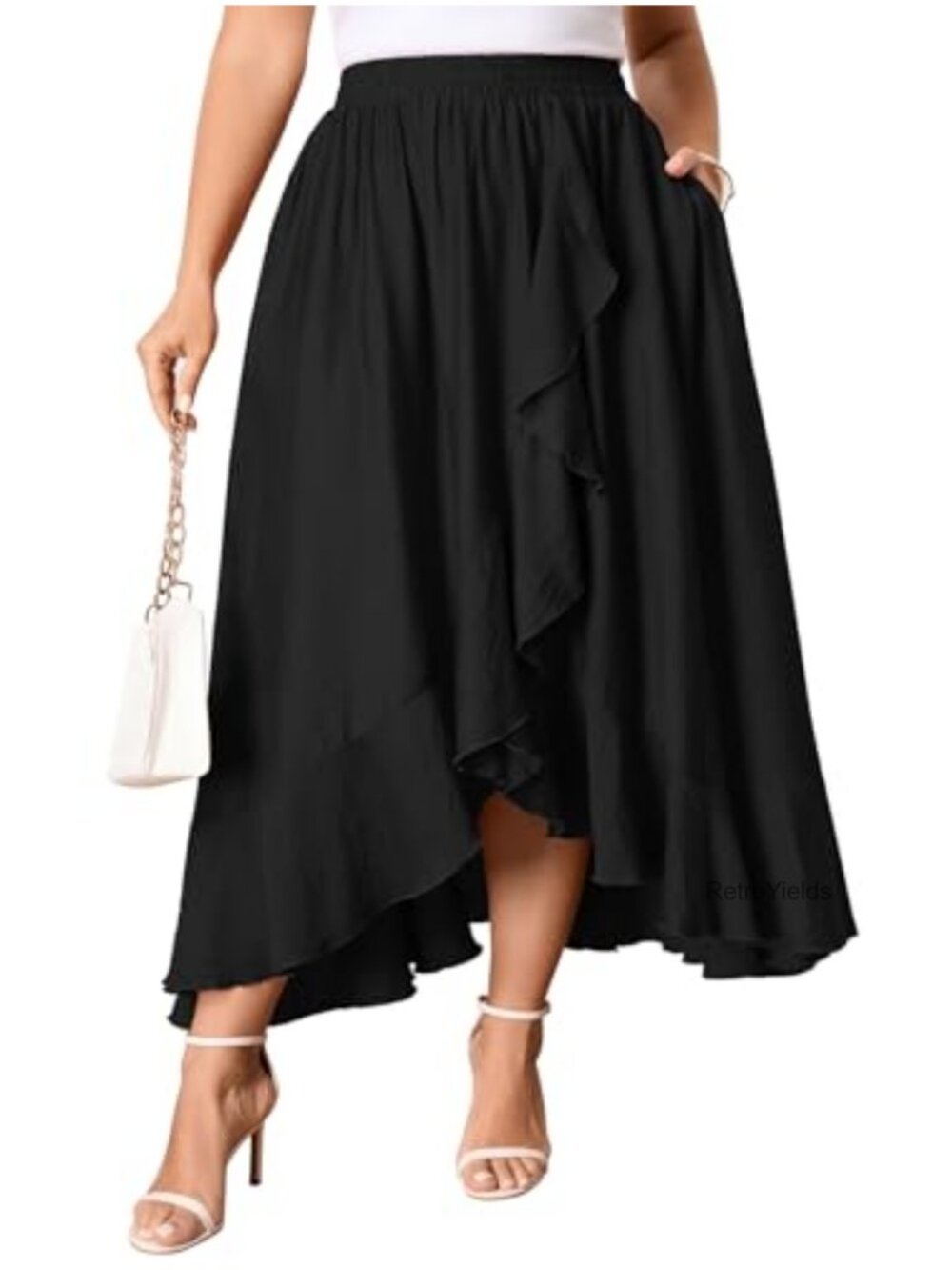 Plus Size High Waisted Ruffle High Low Flowy Boho Maxi Skirt with Pockets